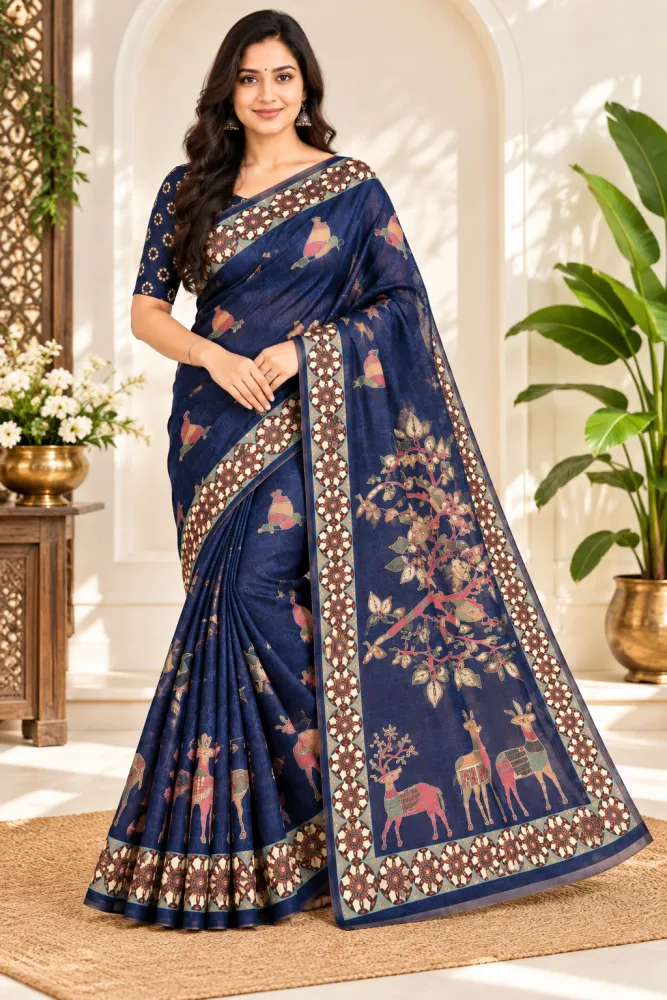 Navy Blue Chanderi Linen Saree with Woven Border