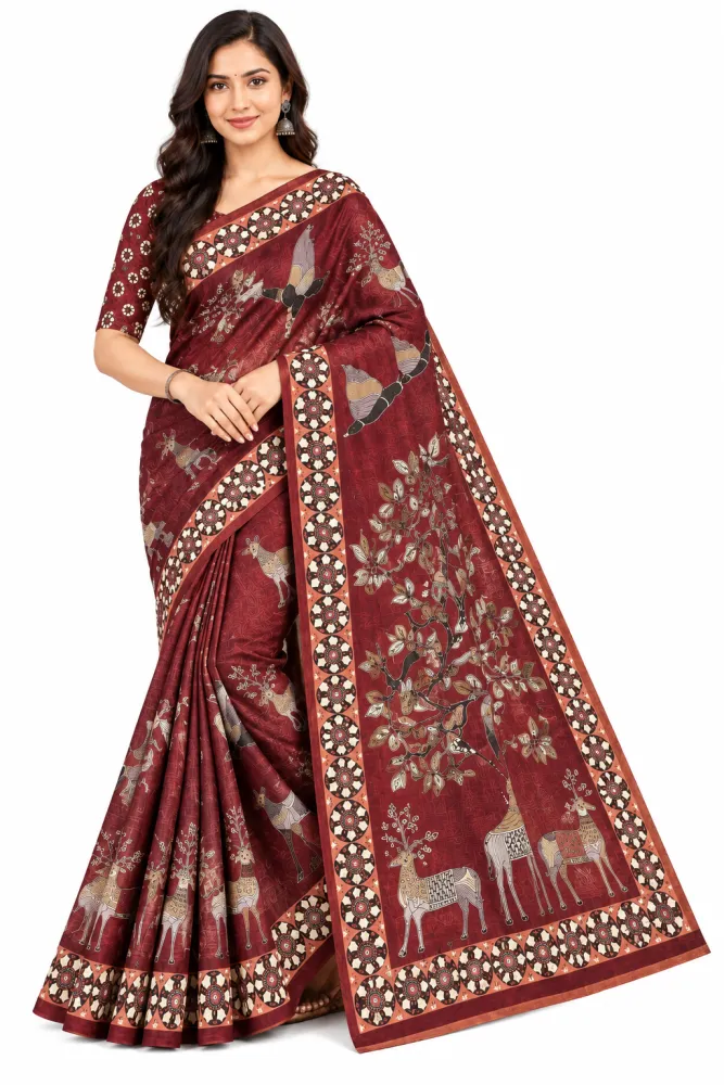 Maroon Chanderi Linen Saree with Woven Border & Designer Print