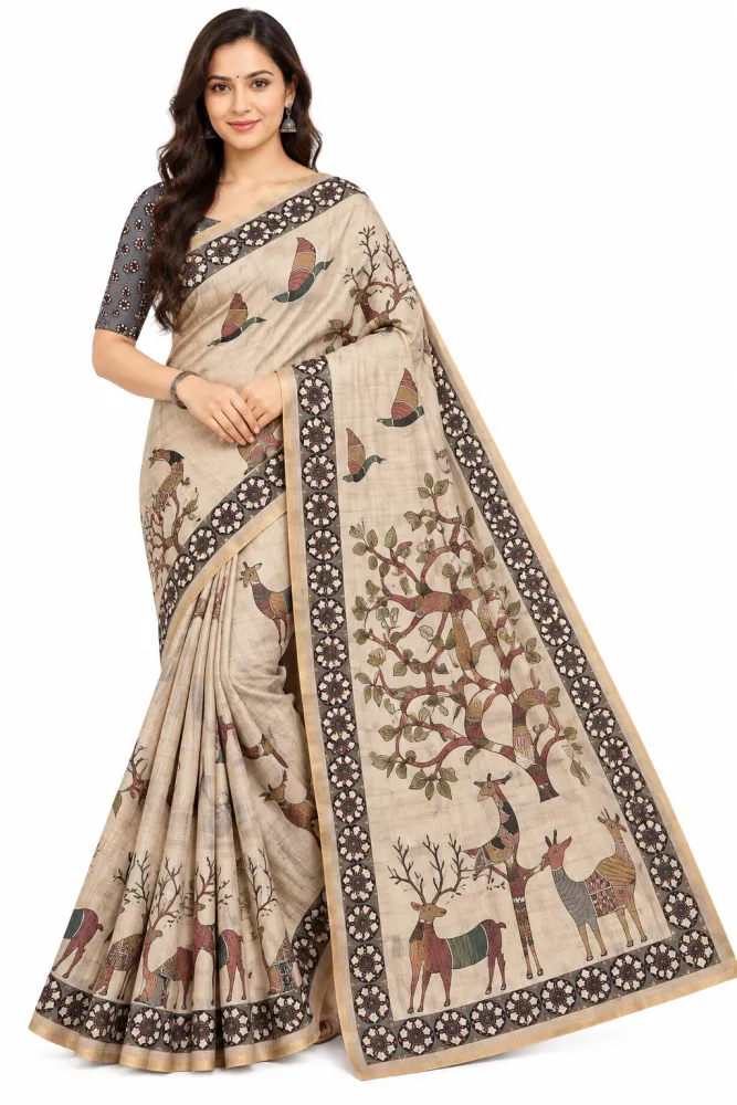 Beige Chanderi Linen Saree with Woven Border & Designer Print