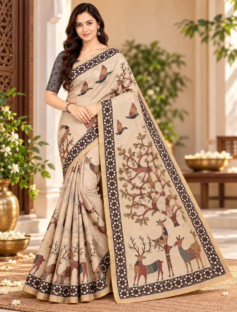 Beige Chanderi Linen Saree with Woven Border & Designer Print