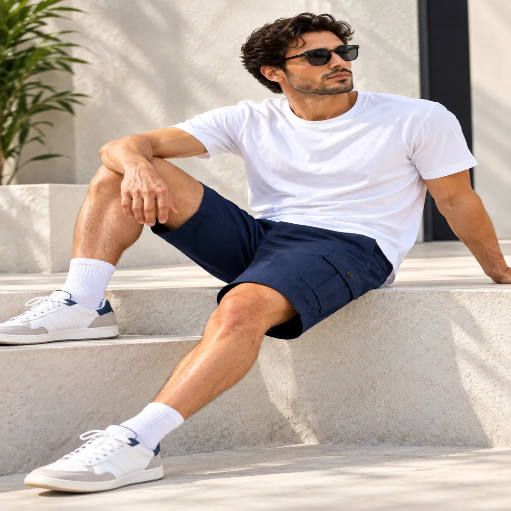Men's Navy Cotton Solid Knee-Length Cargo Shorts