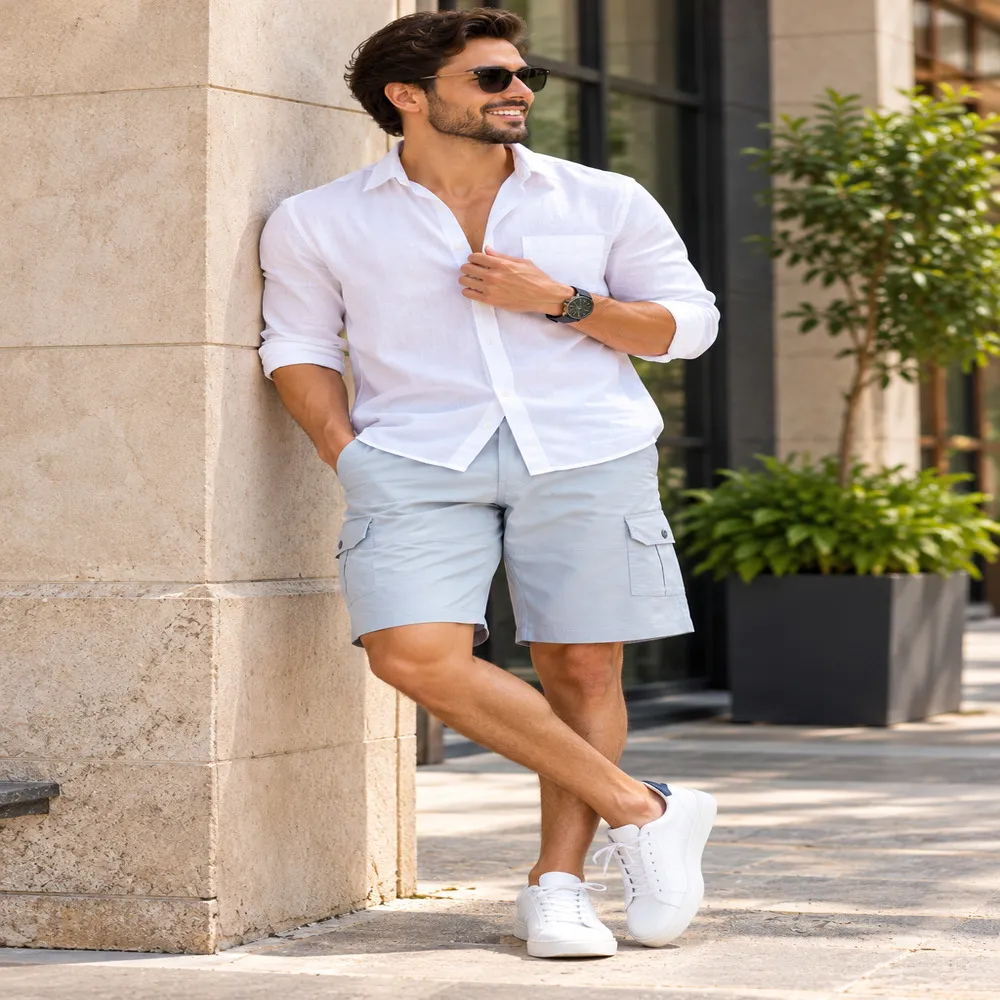 Men's Grey Cotton Solid Knee-Length Cargo Shorts