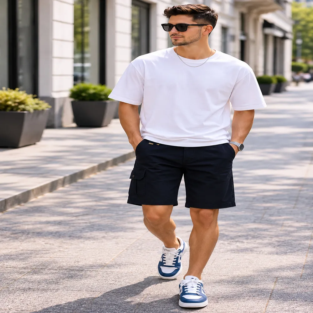 Men's Black Cotton Solid Knee-Length Cargo Shorts