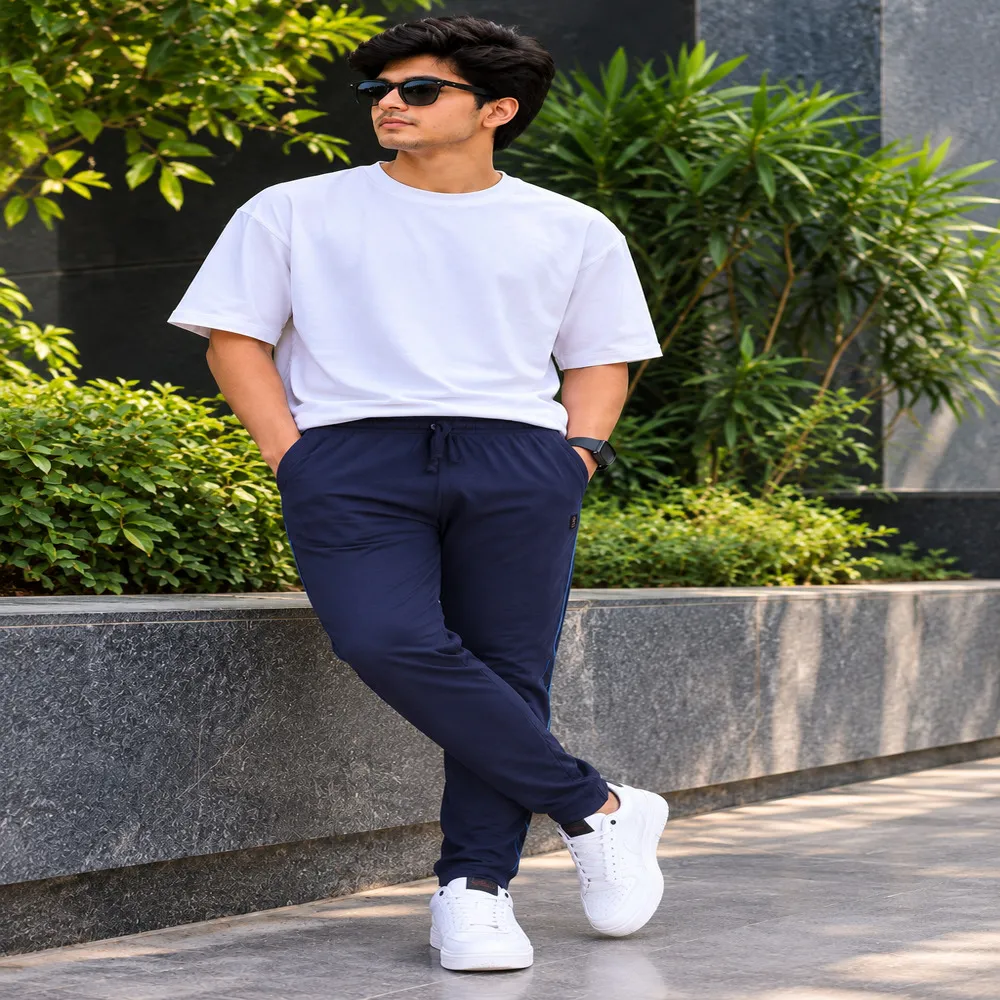 Men's Navy Cotton Striped Full-Length Track Pant