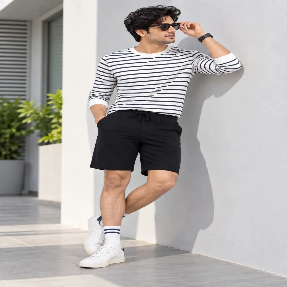Men's Black Cotton Striped Above-Knee Shorts