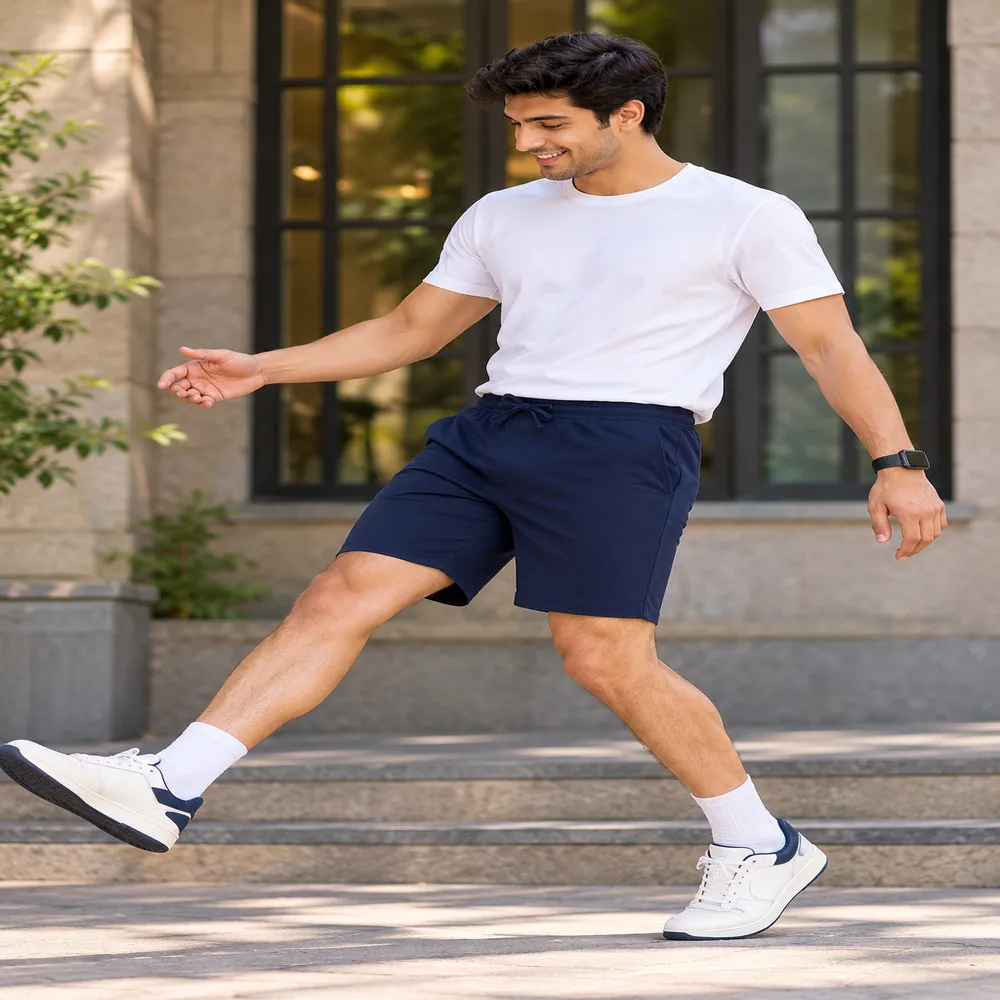 Men's Navy Blue Cotton Striped Above-Knee Shorts