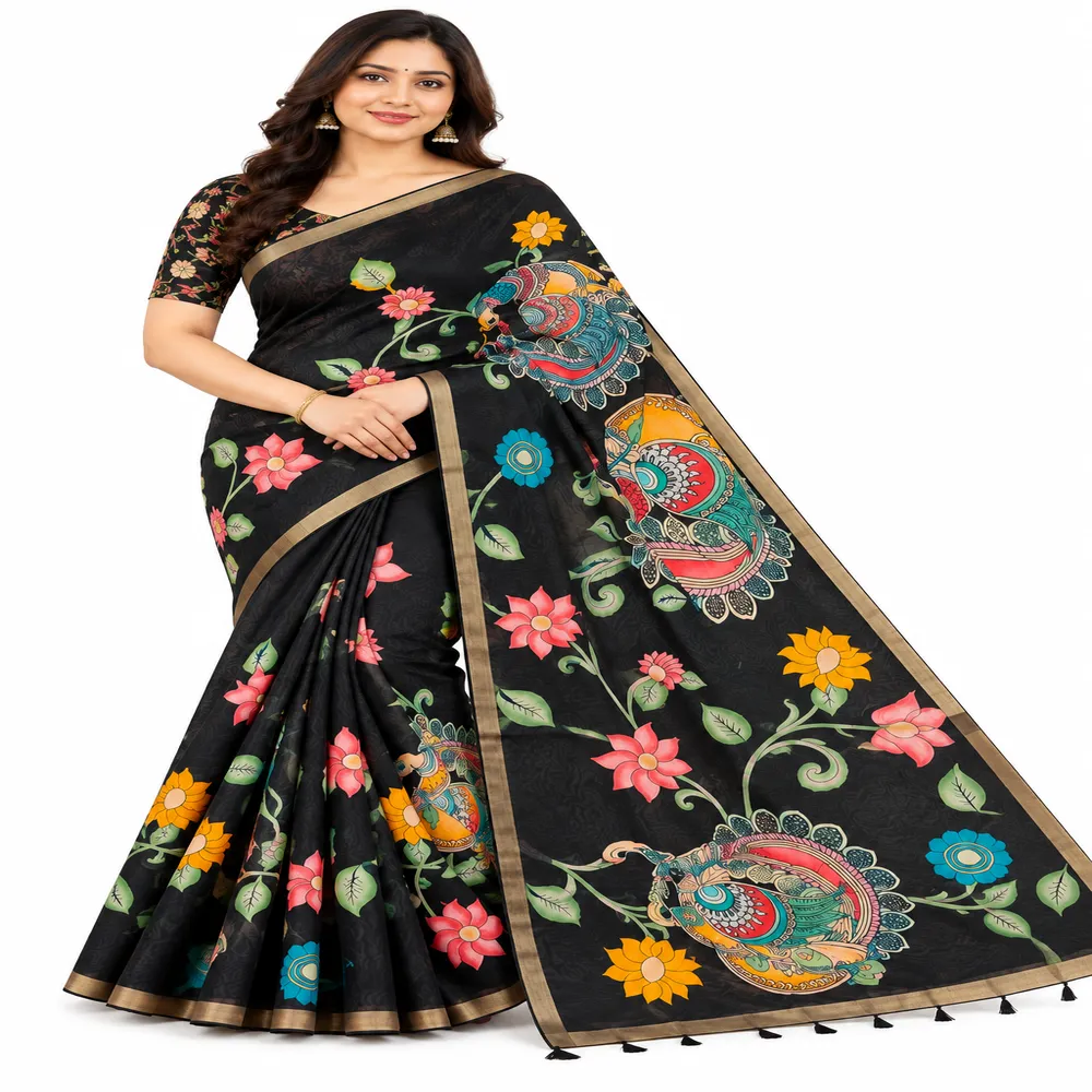 Chanderi Linen Saree with Weaving Border & Kalamkari Print