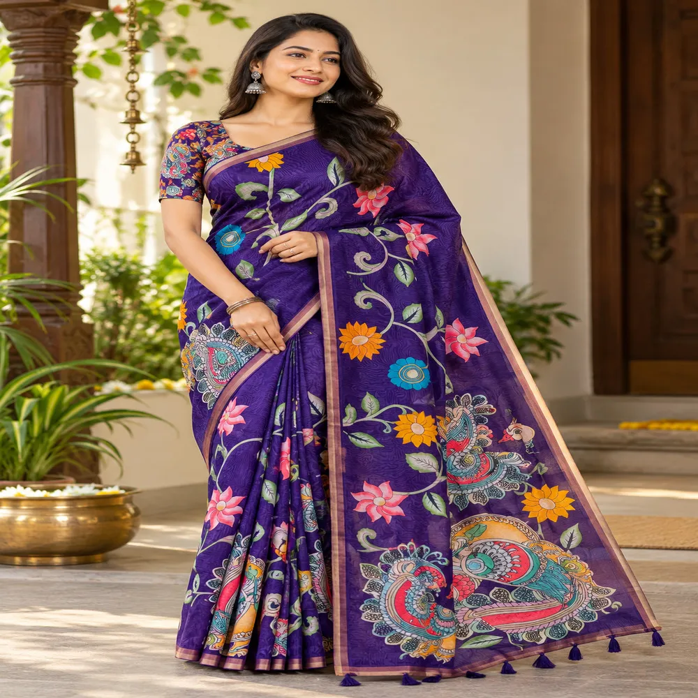 Purple Chanderi Linen Saree with Weaving Border & Kalamkari Print