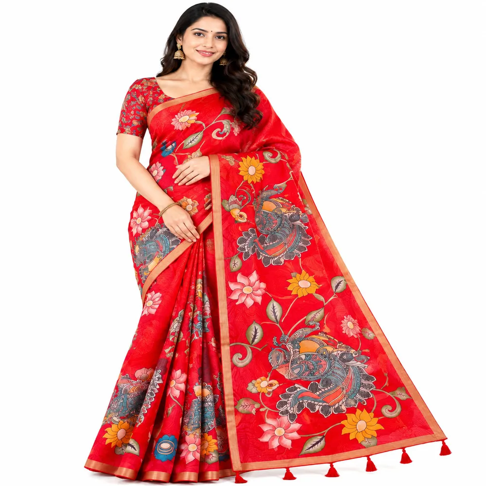 Red Chanderi Linen Saree with Weaving Border & Kalamkari Print