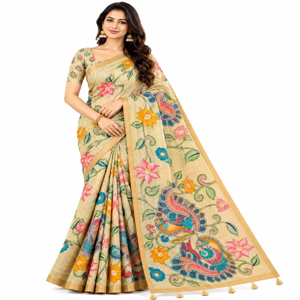 Cream Chanderi Linen Saree with Weaving Border & Kalamkari Print