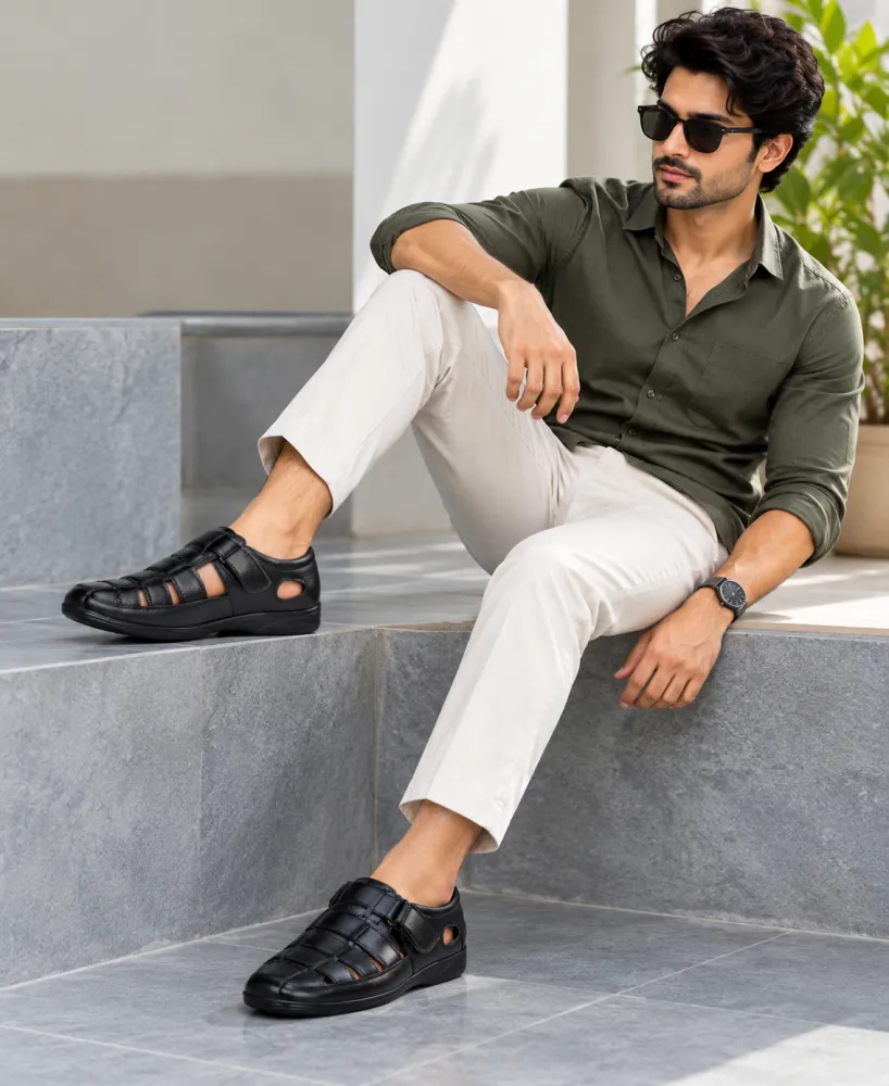 Men's Black Faux Leather Velcro Casual Sandals