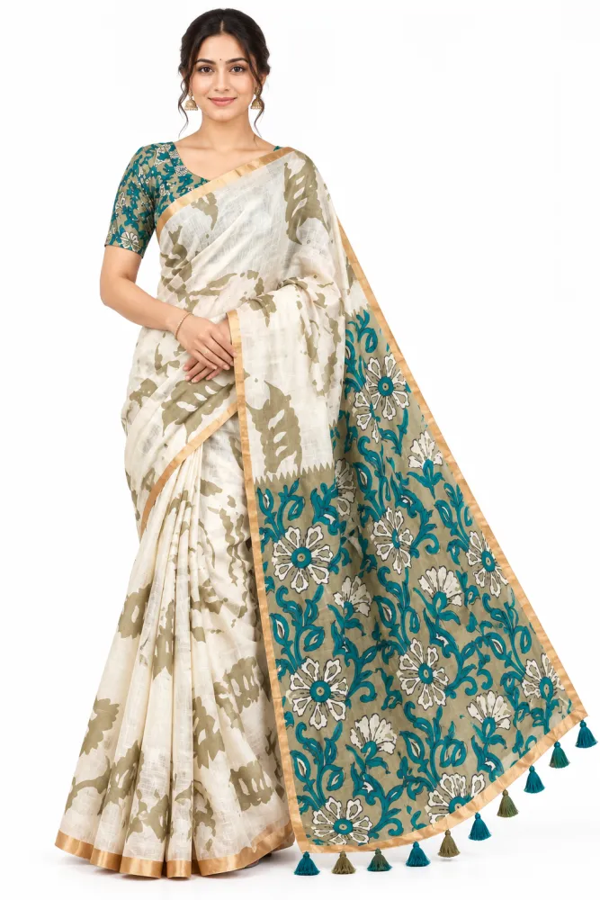 Soft Cotton Based Linen Saree with Zari Border & Fancy Tassels