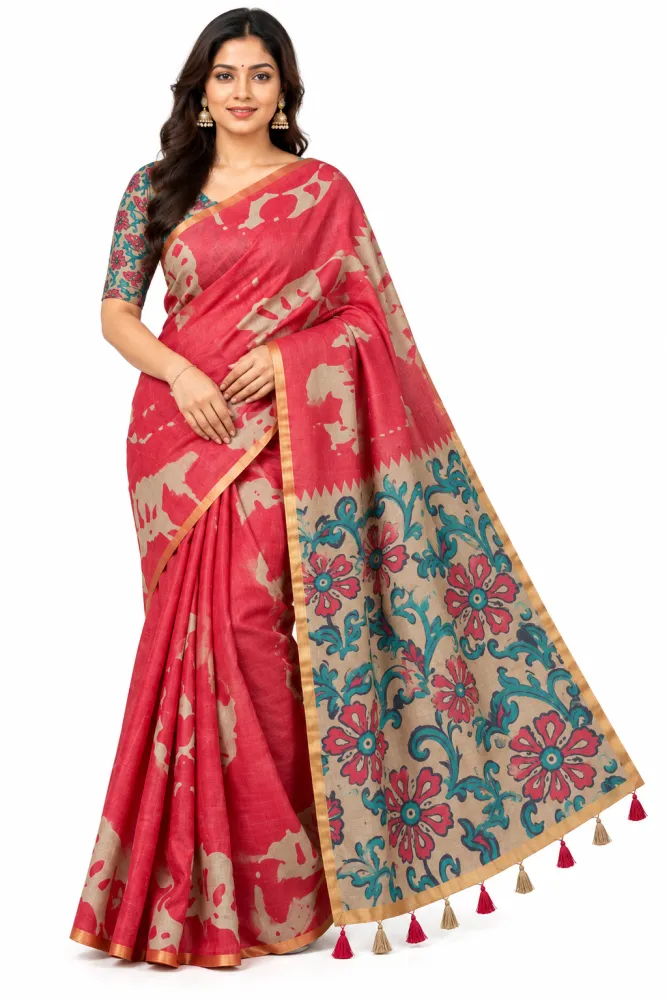 Soft Cotton Based Linen Saree with Zari Border & Fancy Tassels