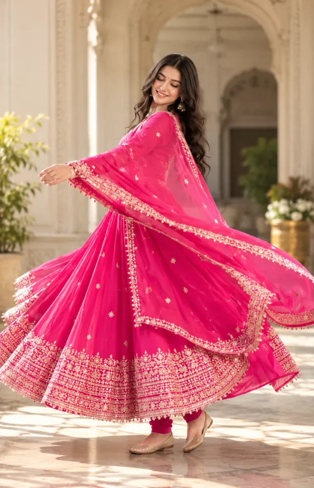 Pink Embroidered Georgette Anarkali Set