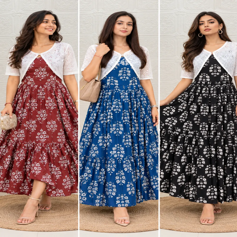 Printed Maslin Maxi Dress with Hakoba Cotton Koti