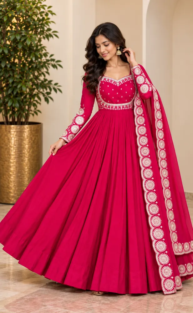 Roman Silk Embroidered Anarkali Gown Set with Dupatta