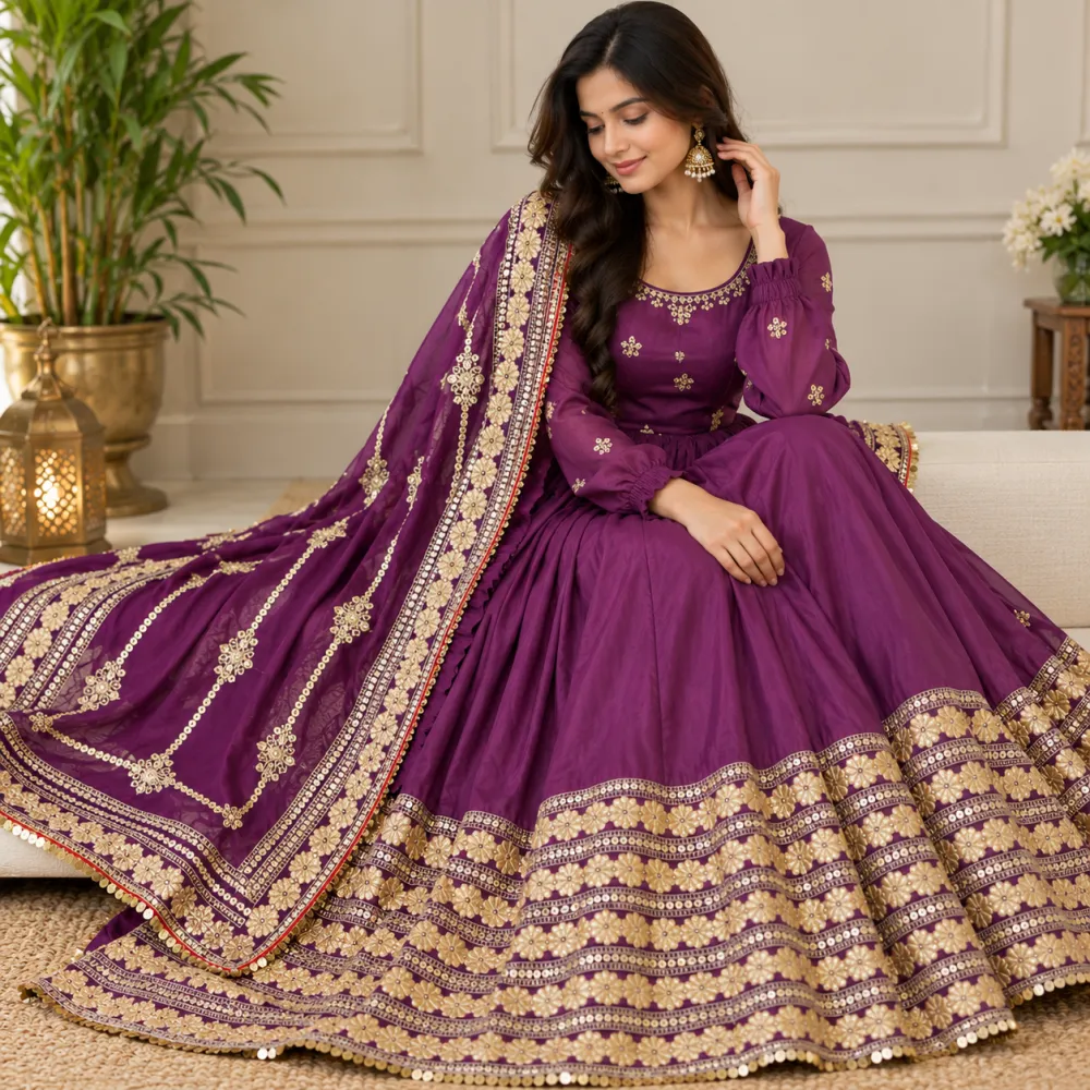 Embroidered Chinon Silk Anarkali Gown Set with Pant & Dupatta
