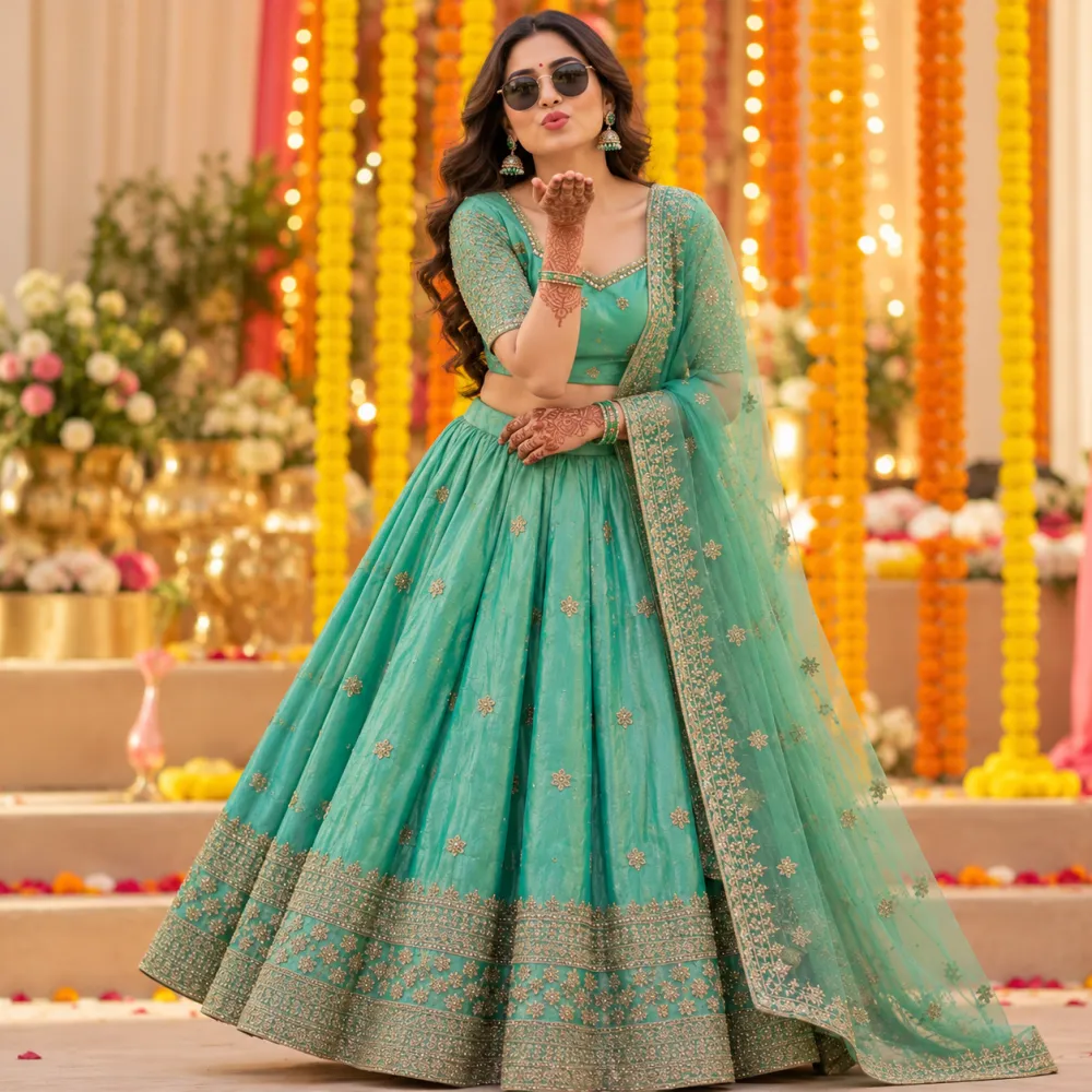 Parrot Green Space Silk Jacquard Lehenga Set with Embroidery