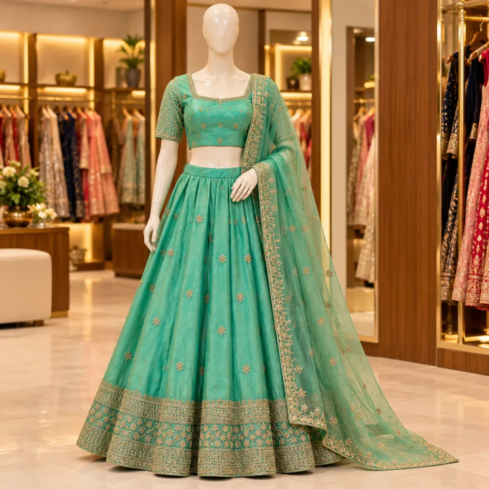 Parrot Green Space Silk Jacquard Lehenga Set with Embroidery