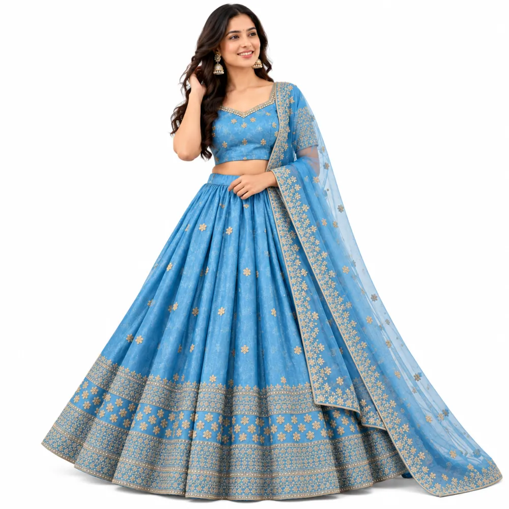 Blue Space Silk Jacquard Lehenga Set with Embroidery