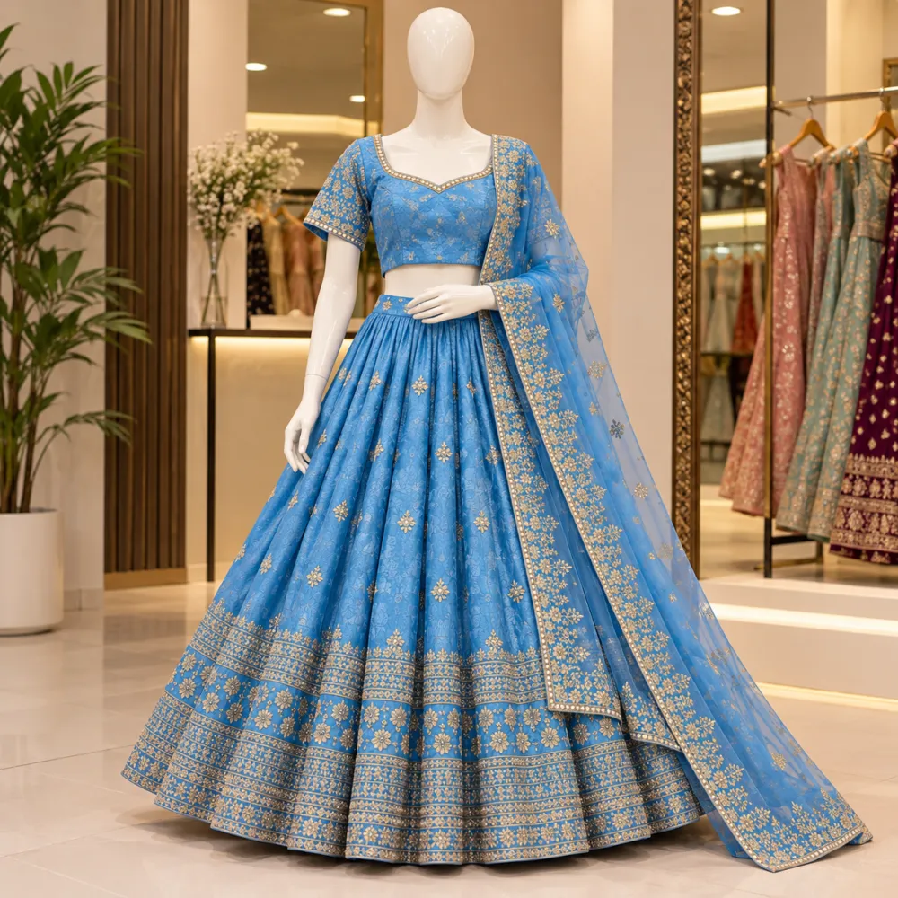 Blue Space Silk Jacquard Lehenga Set with Embroidery