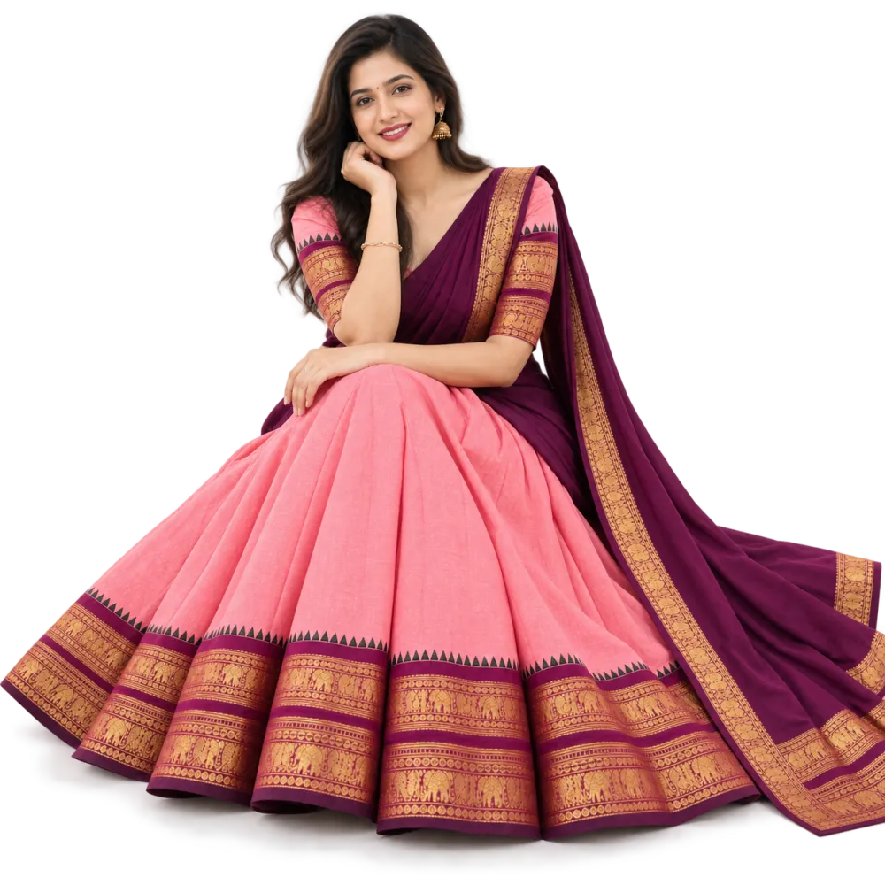 South Style Pink Kanchi Cotton Zari Woven Lehenga Set