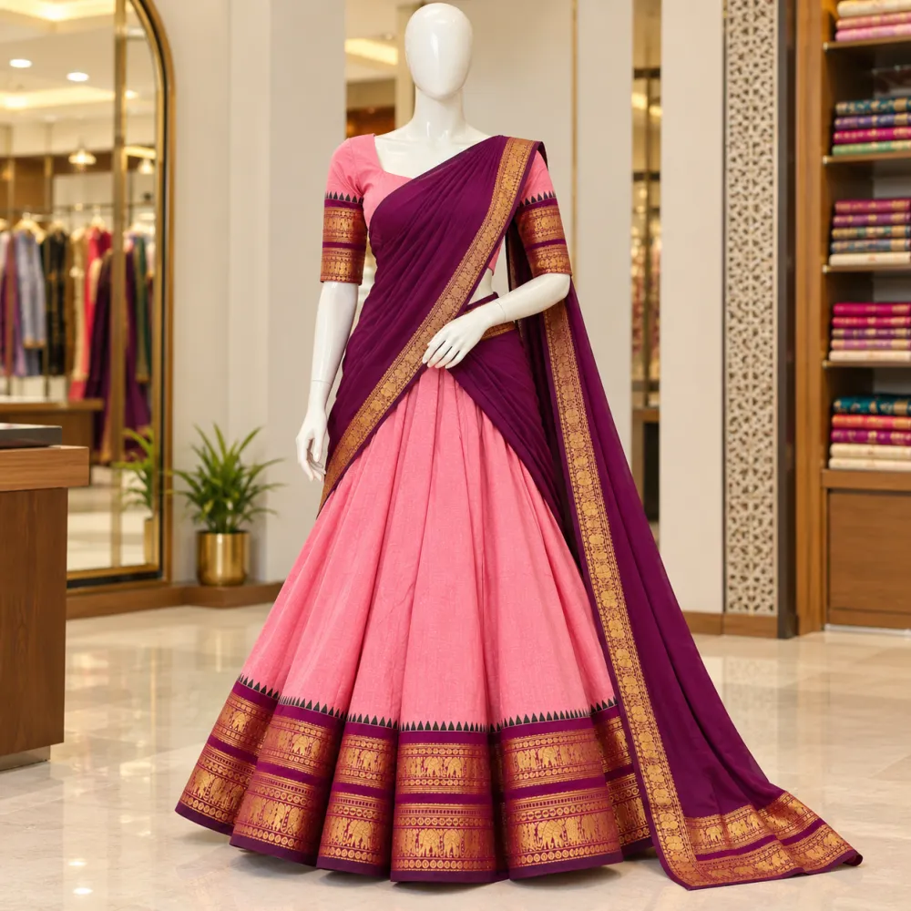 South Style Pink Kanchi Cotton Zari Woven Lehenga Set