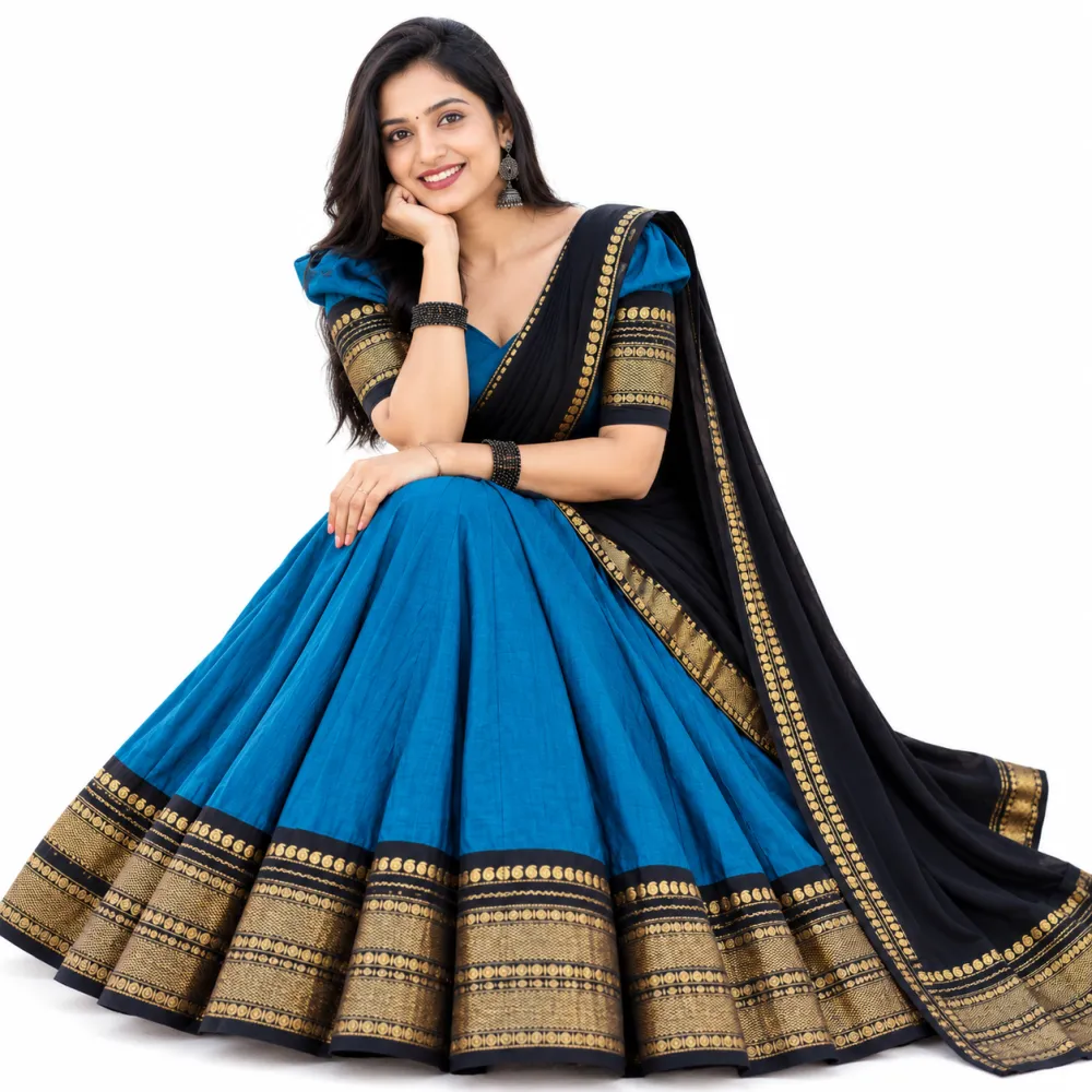 Teal Blue Kanchi Cotton Zari Woven Lehenga Set
