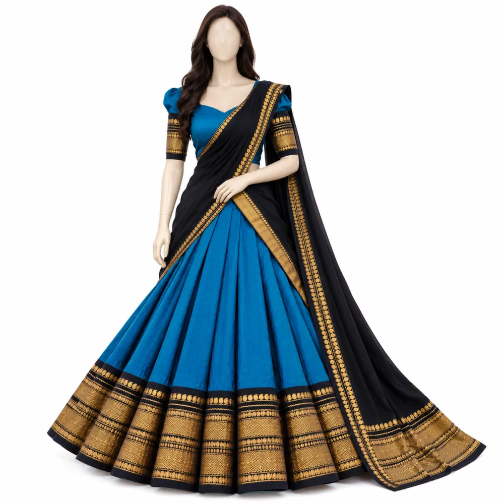 Teal Blue Kanchi Cotton Zari Woven Lehenga Set