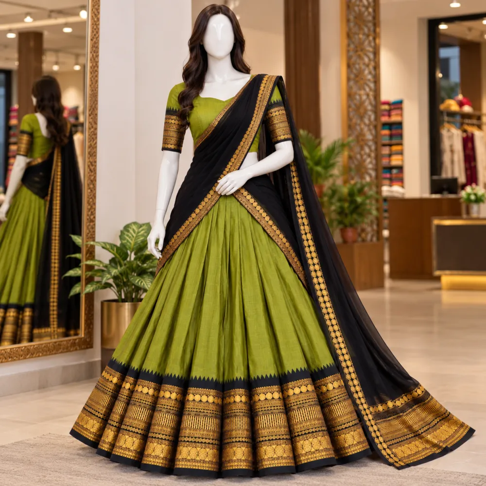 Olive Green Kanchi Cotton Zari Woven Lehenga Set