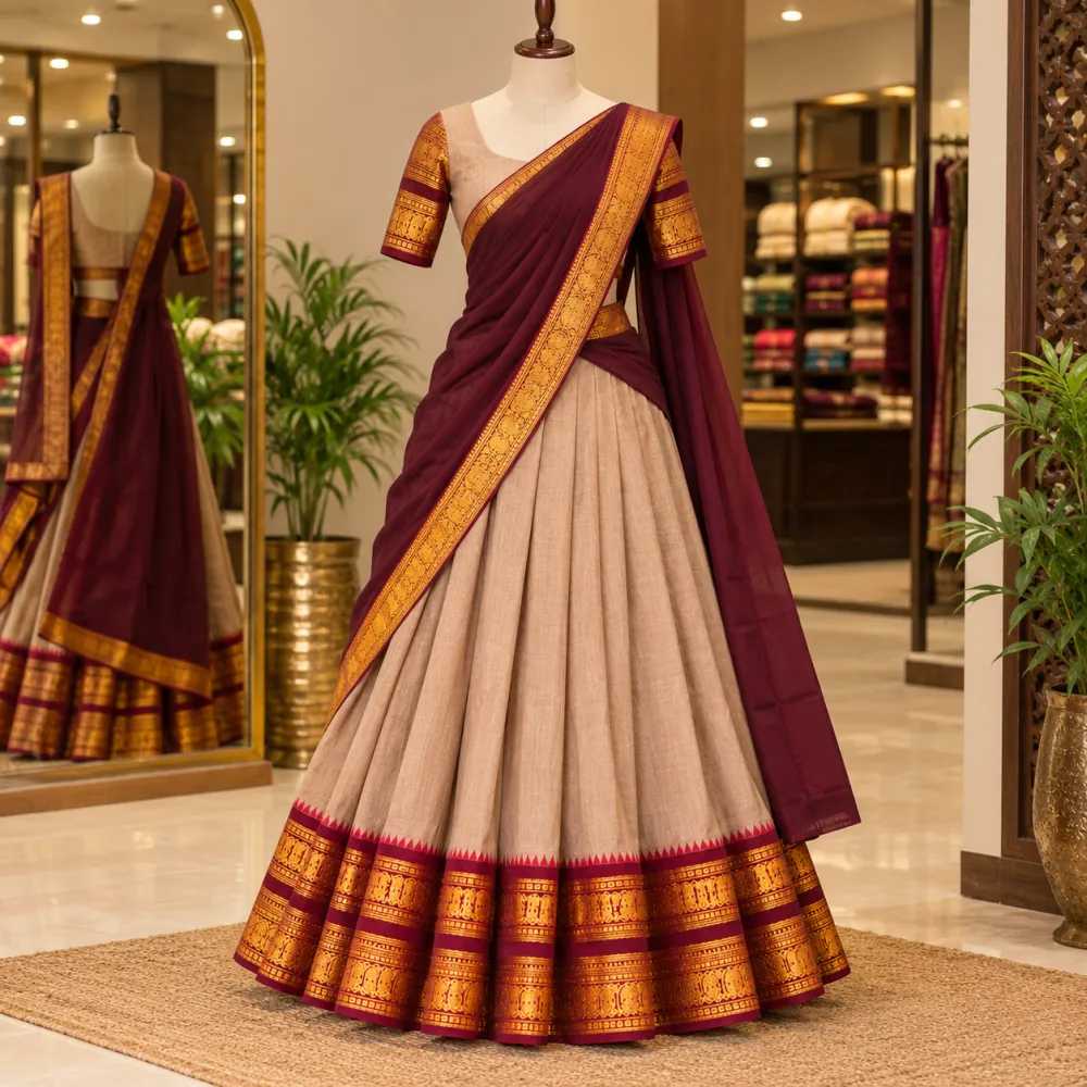 Beige Maroon Kanchi Cotton Zari Woven Lehenga Set
