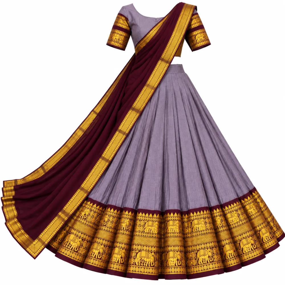 Lavender Grey Maroon Kanchi Cotton Zari Woven Lehenga Set