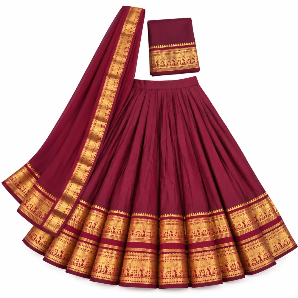 Wine Kanchi Cotton Zari Woven Lehenga Set