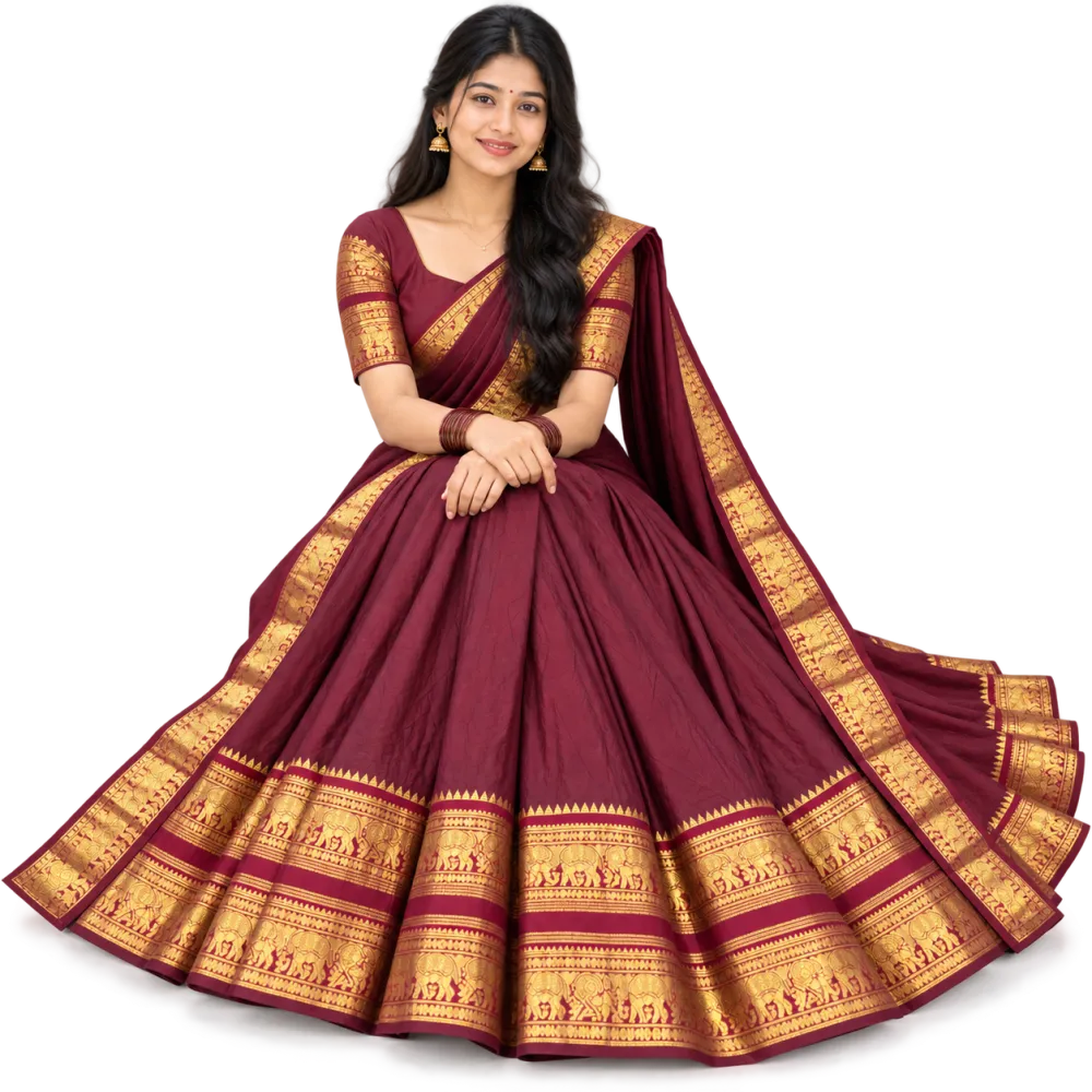 Wine Kanchi Cotton Zari Woven Lehenga Set