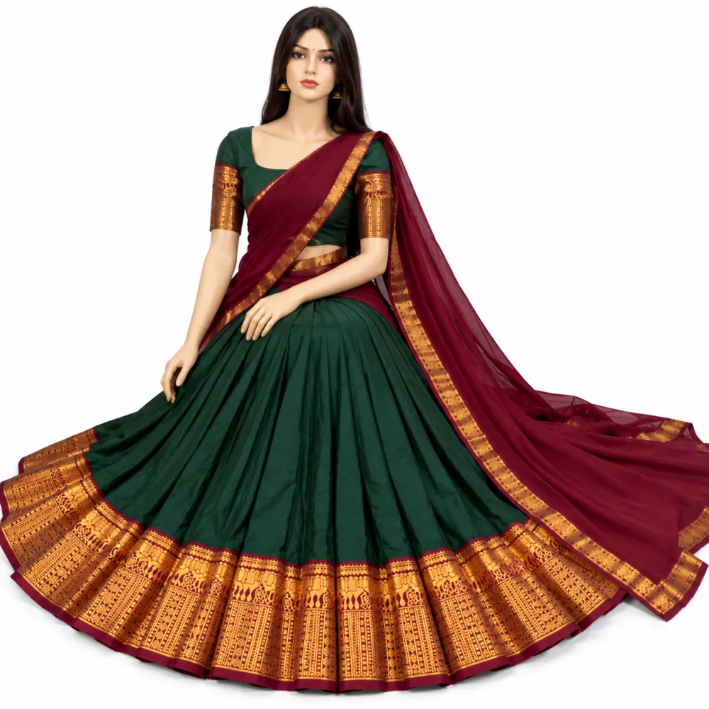 Bottle Green Wine Kanchi Cotton Zari Woven Lehenga Set