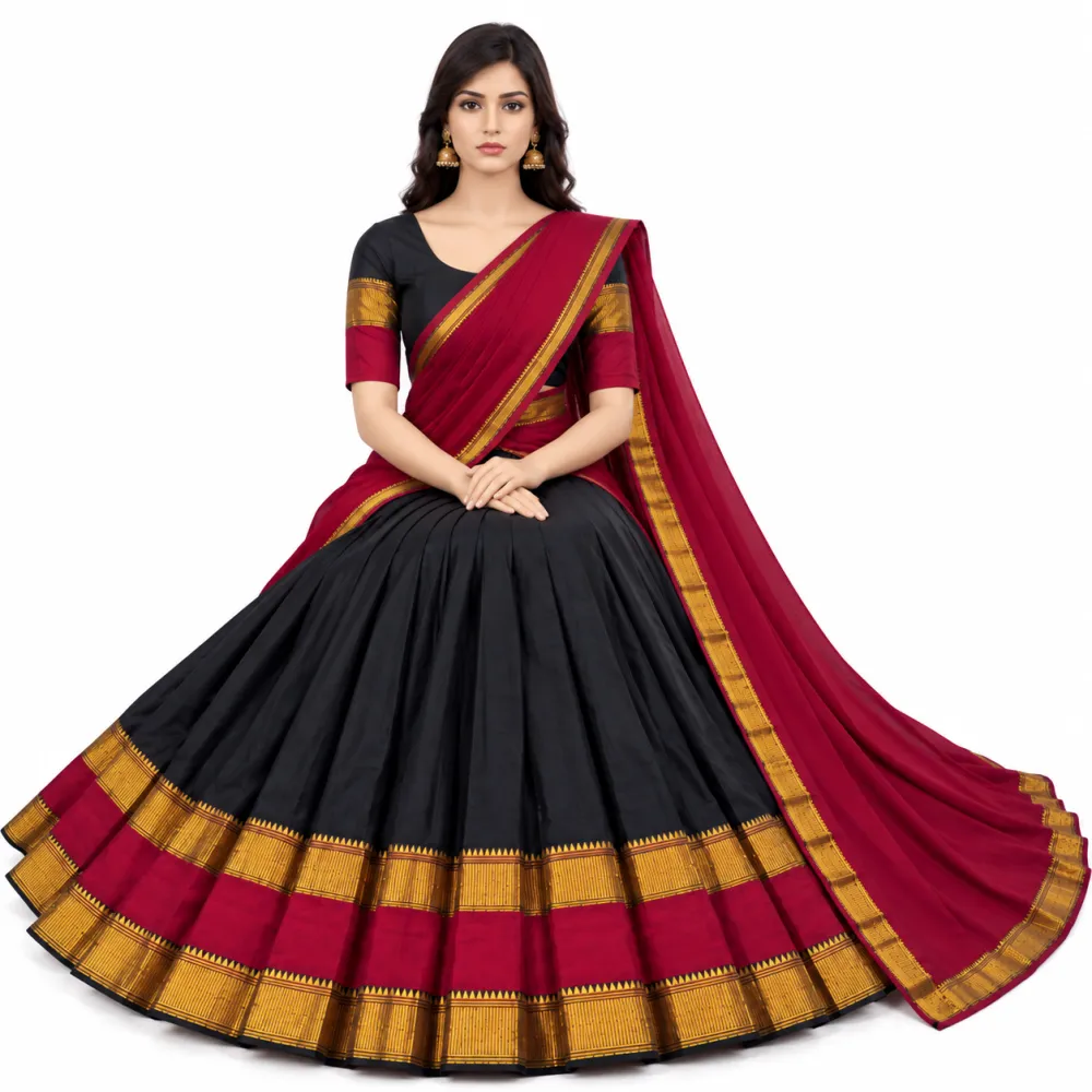 Black and Wine Kanchi Cotton Zari Woven Lehenga Set