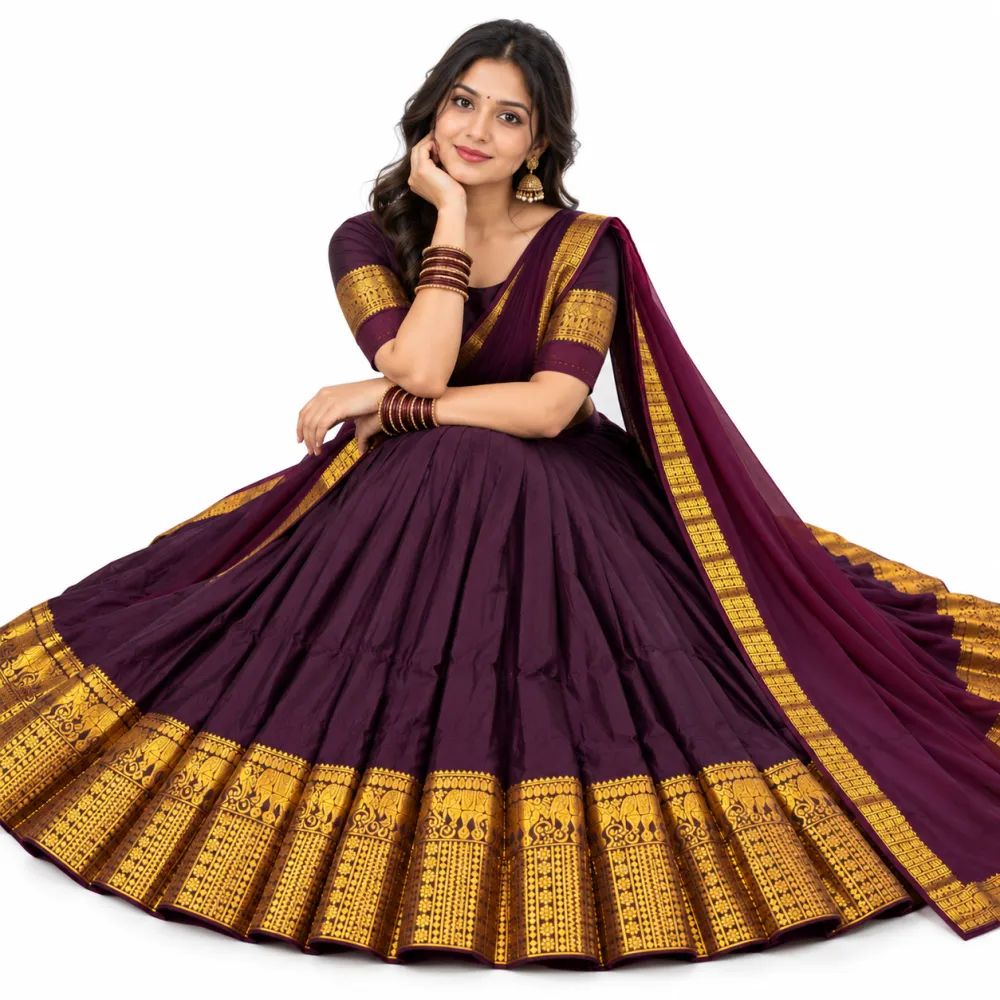 Deep Plum Kanchi Cotton Zari Woven Lehenga Set