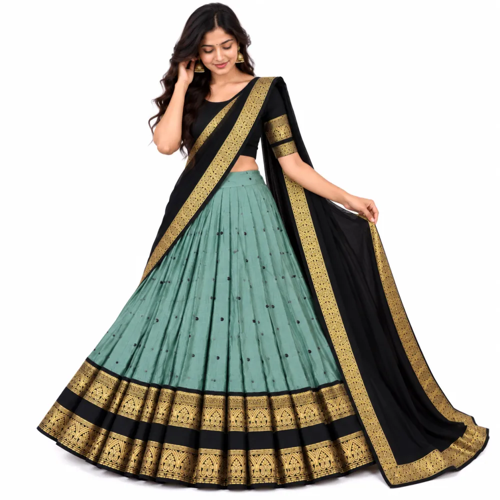 Mint Green Black Kanchi Cotton Zari Woven Lehenga Set
