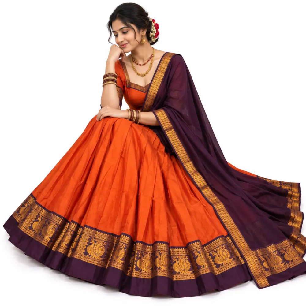Orange Purple Kanchi Cotton Zari Woven Lehenga Set