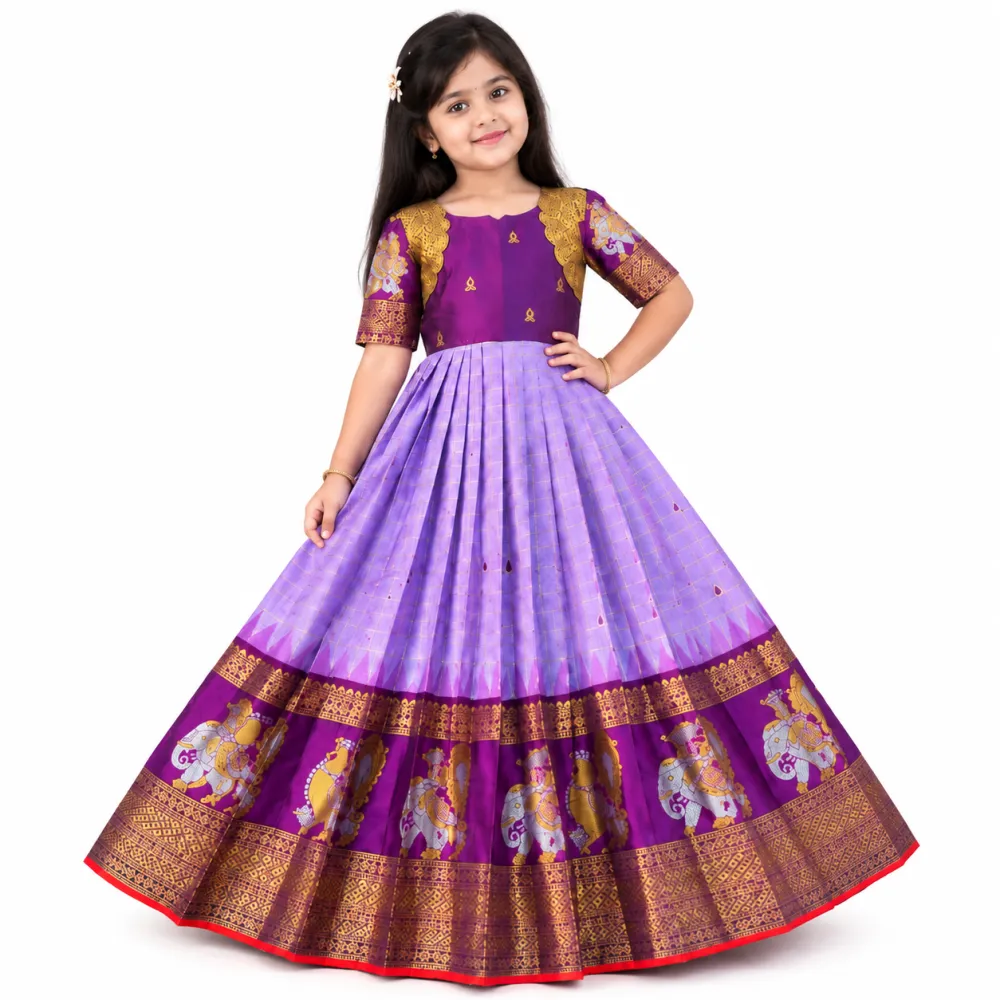 Purple Lavender Silk Kids Gown with Traditional Zari Border