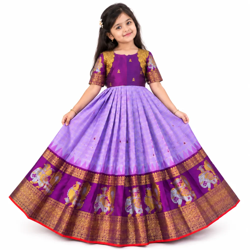 Purple Lavender Silk Kids Gown with Traditional Zari Border