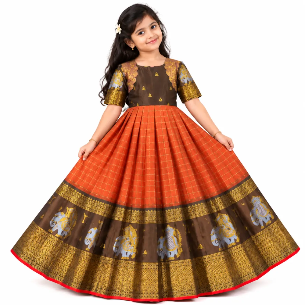Rust Orange Brown Silk Kids Gown with Traditional Zari Border