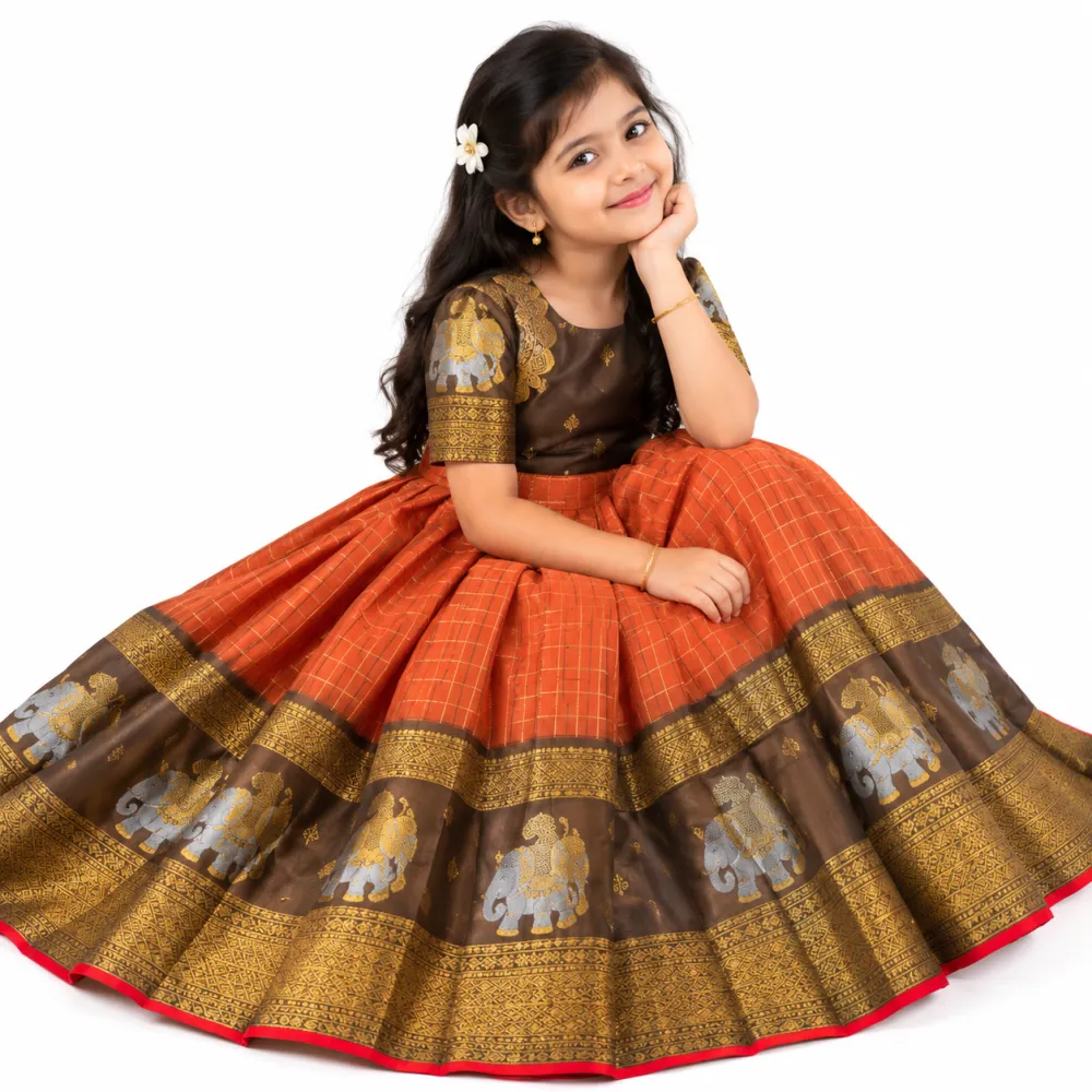 Rust Orange Brown Silk Kids Gown with Traditional Zari Border