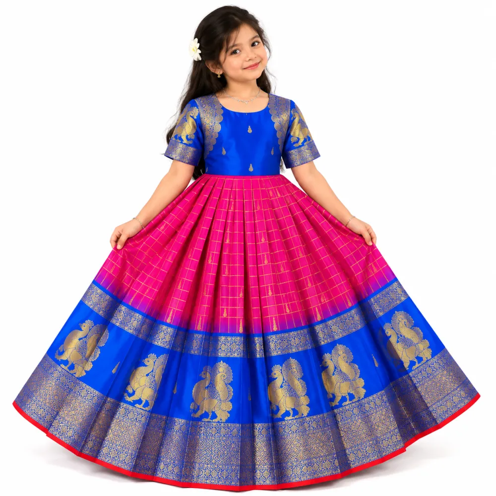Royal Blue Magenta Silk Kids Gown with Gold Zari Border