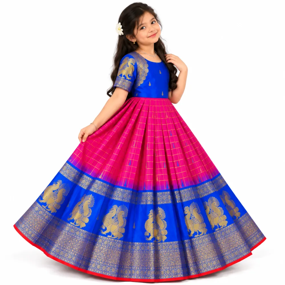 Royal Blue Magenta Silk Kids Gown with Gold Zari Border