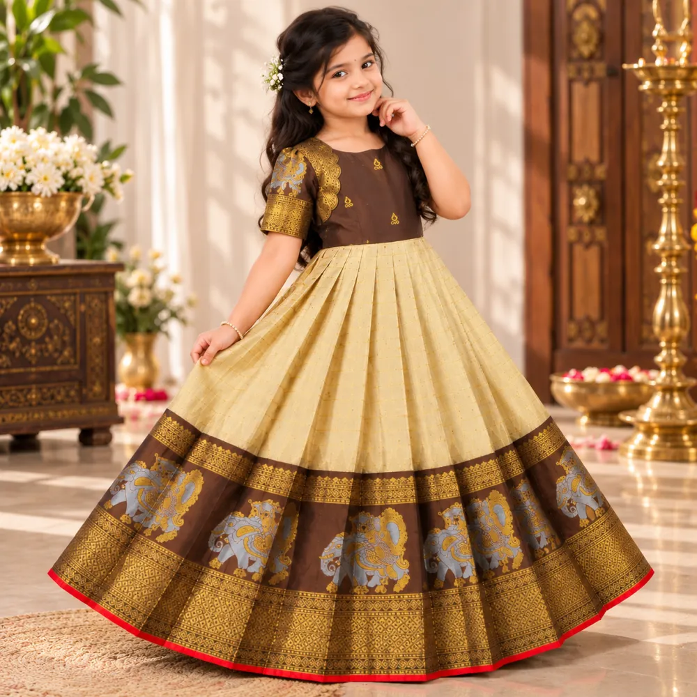 Cream Gold Brown Silk Kids Gown with Elephant Zari Border