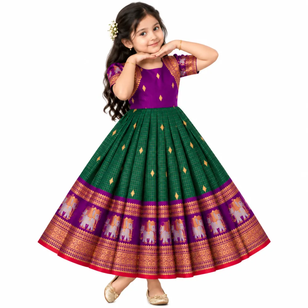 Violet Green Silk Kids Gown with Gold Elephant Zari Border