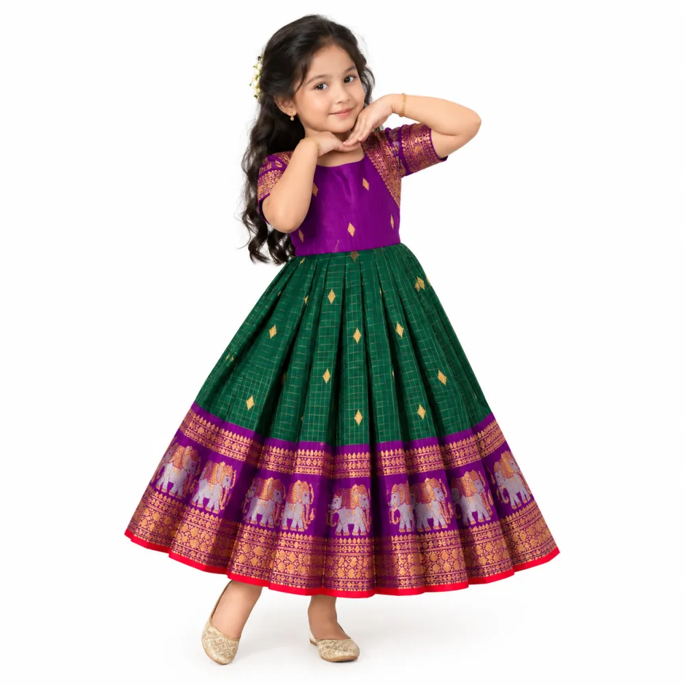 Violet Green Silk Kids Gown with Gold Elephant Zari Border