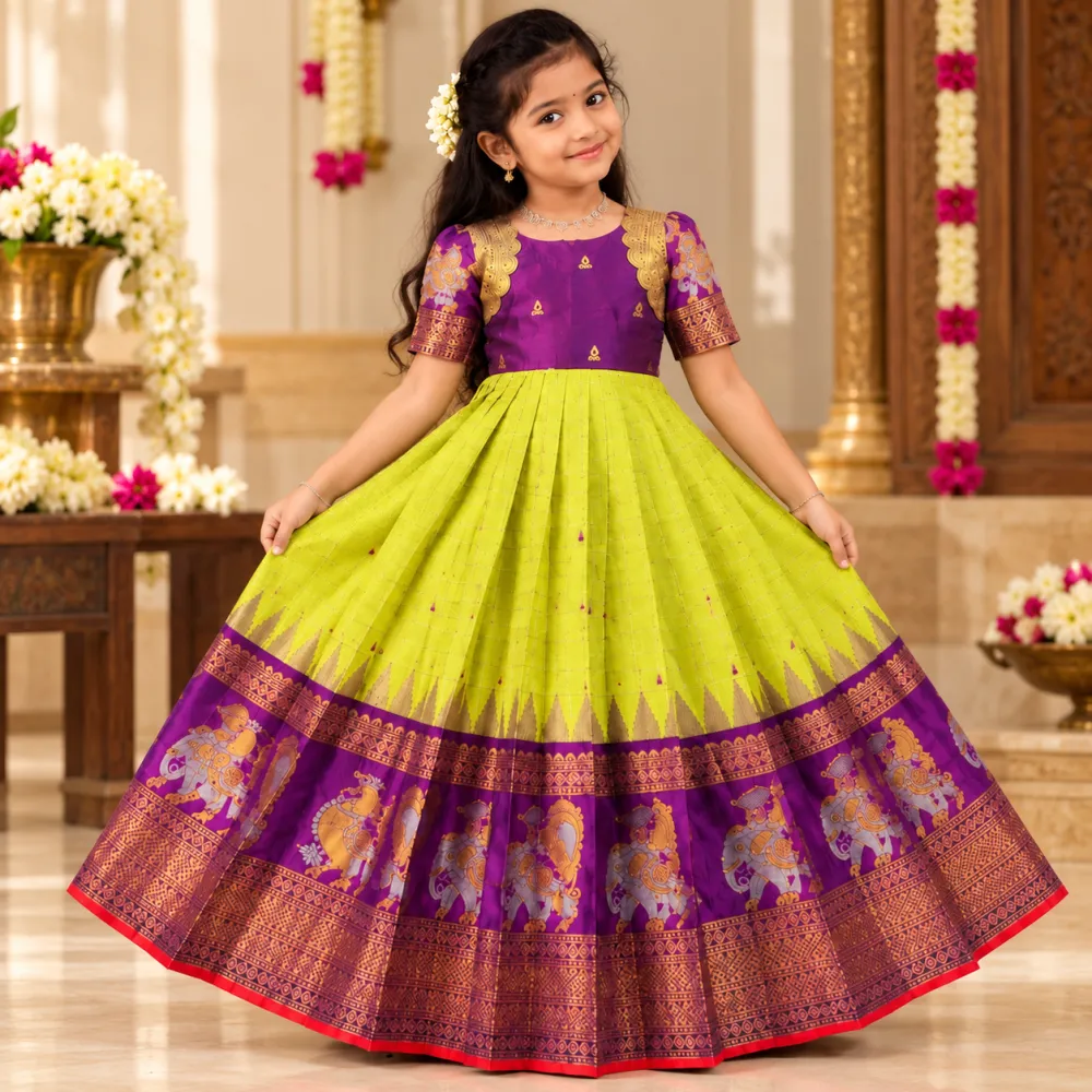 Violet Lime Green Silk Kids Gown with Gold Elephant Border