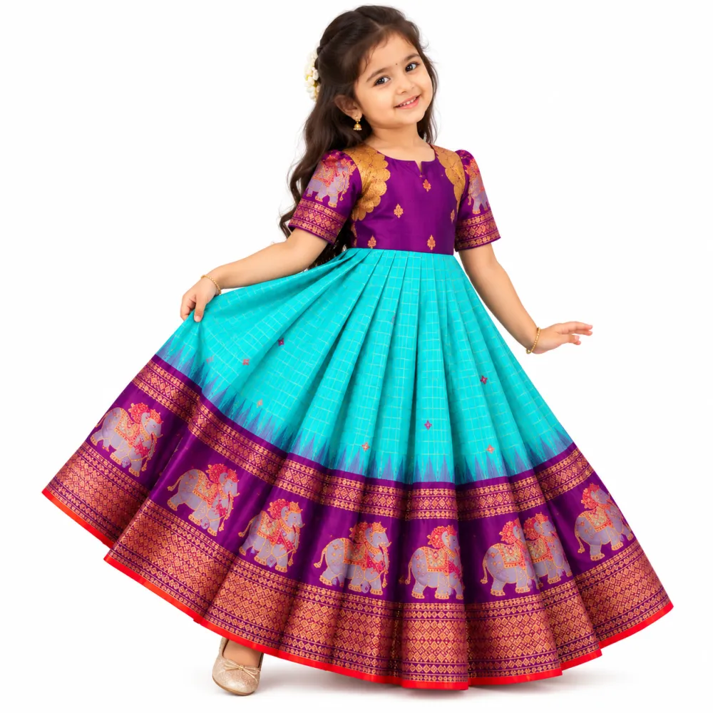 Violet Blue Silk Kids Gown with Gold Elephant Zari Border